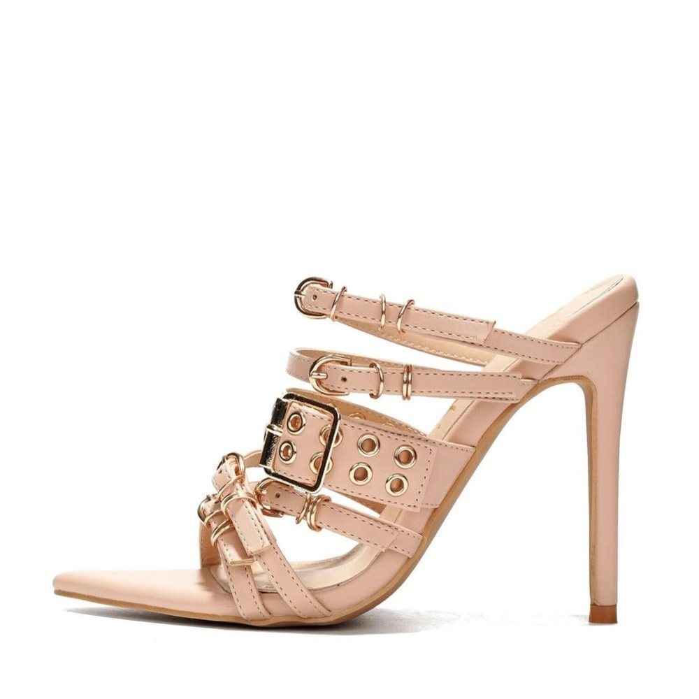 Beige Strappy Buckle Heel Sandal